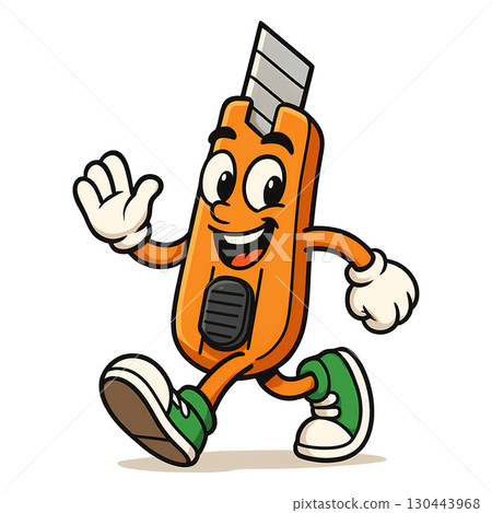 Happy Cartoon Utility Knife Waving and Walking. Illustration of a Box Cutter Tool. 130443968