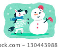 穿著毛衣的馬和雪人，馬年冬季水彩畫 130443988
