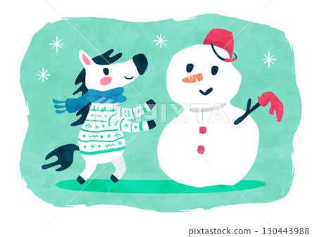 Horse and snowman in sweaters, winter watercolor illustration for the Year of the Horse Horse and snowman in sweaters, winter watercolor illustration for the Year of the Horse 130443988