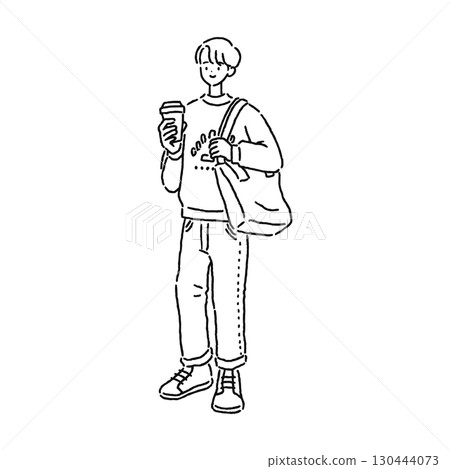 Man holding takeout coffee in one hand Line drawing 130444073