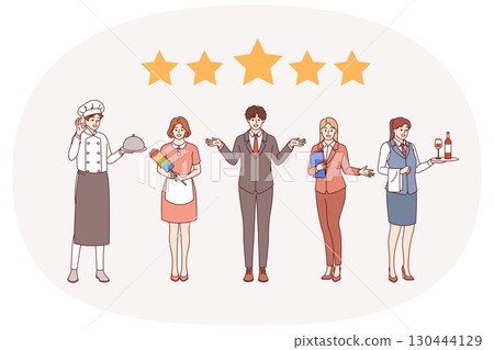 Hotel team stands behind five stars, inviting guests to book room and promising perfect service 130444129