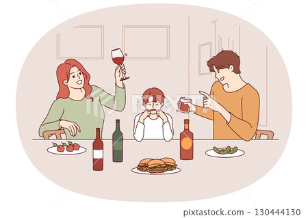 Problem of family alcoholism causes stress for little boy watching parents drink and exes about son 130444130
