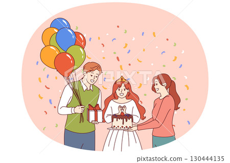 Birthday of little princess standing next to mom and dad holding cake and gift with balloons 130444135