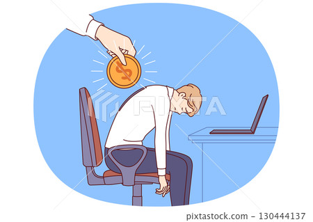 Financial motivation for tired office worker who fell asleep at workplace with computer Financial motivation for tired office worker who fell asleep at workplace with computer 130444137