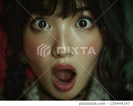 Surprised woman's face | Close-up photo | Surprise, fear, anxiety 130444147