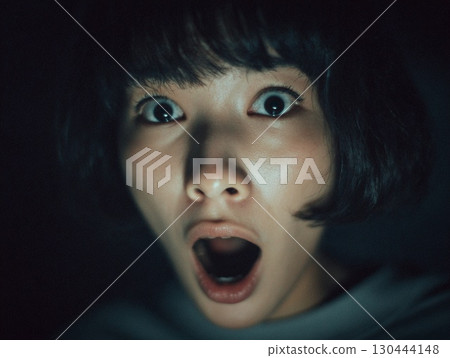 Shocked woman in the dark | Expressing fear and surprise 130444148