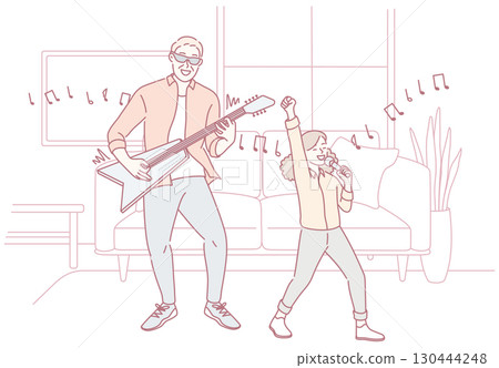 Father and Child Enjoy a Joyful Time Rocking Together in the Comfort of Their Home 130444248