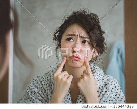 女人擔心痤瘡 | 擔心粉刺 | 皮膚粗糙 | 浴室水槽 女人擔心痤瘡 | 擔心粉刺 | 皮膚粗糙 | 浴室水槽 130444352