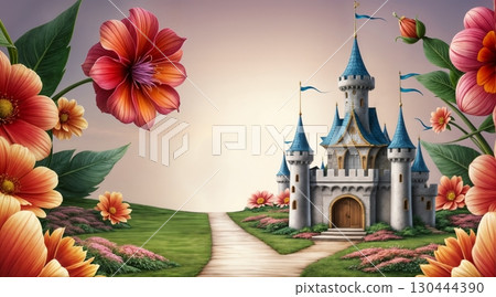 fairytale castle with flower garden and pathway entrance for use in fantasy, children illustration, and magical landscape projects 130444390