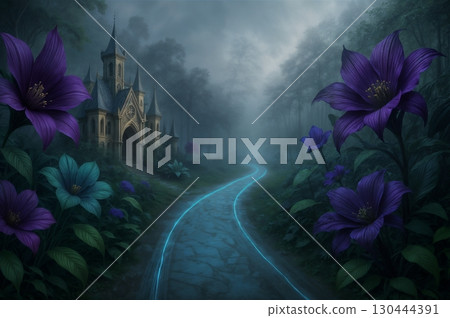 glowing mystical forest path with vibrant flowers leading to distant fairy tale castle for fantasy and magical projects 130444391