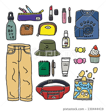 Stylish fashion, miscellaneous goods, cosmetics, sweets, and various illustration set Stylish fashion, miscellaneous goods, cosmetics, sweets, and various illustration set 130444419