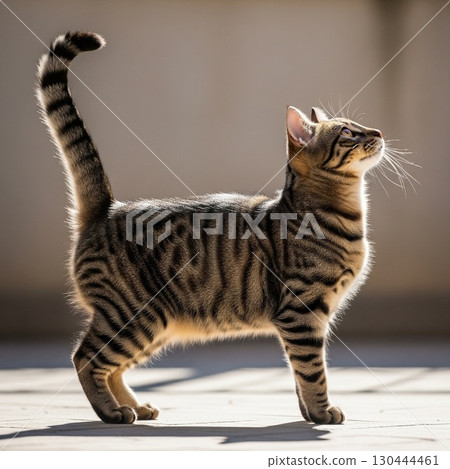 Portrait of a Bengal cat standing in a room | Pet and Animal Stock Photos - Sabi Tabby Cat 130444461