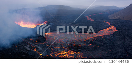 Beautiful aerial panoramatic view of active volcano, Litli - Hrutur, Iceland 2023 130444486