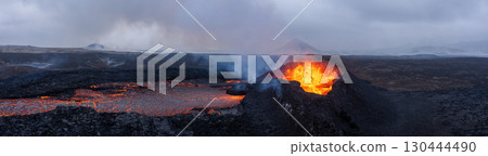 Beautiful aerial panoramatic view of active volcano, Litli - Hrutur, Iceland 2023 130444490