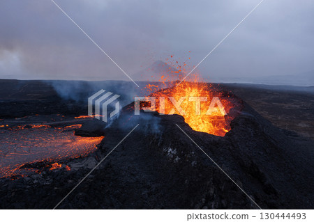Beautiful aerial view of active volcano, Litli - Hrutur, Iceland 2023 130444493