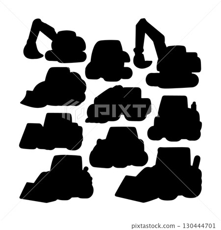 Construction vehicles silhouettes in various positions and orientations for creative projects 130444701