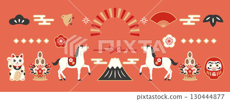 2026 Year of the Horse Japanese style banner design with horse and Mt. Fuji 130444877