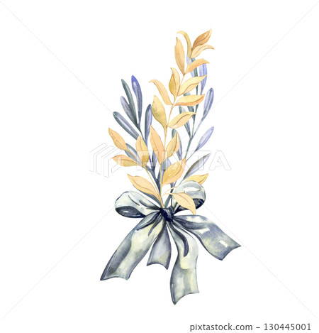 Leafy branch with yellow and blue leaves tied with blue bow watercolor illustration Leafy branch with yellow and blue leaves tied with blue bow watercolor illustration 130445001