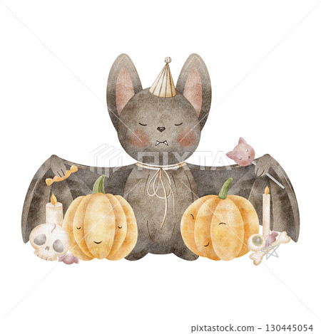 Bat hugging pumpkins Halloween. Watercolor illustration sweets, candies, skull, bones, candles are hand-drawn. Composition isolated from background for design of postcards, parties, holidays, decor 130445054