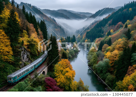 Train Journey Through Misty Autumn Valley with Scenic River and Mountains Generative AI 130445077