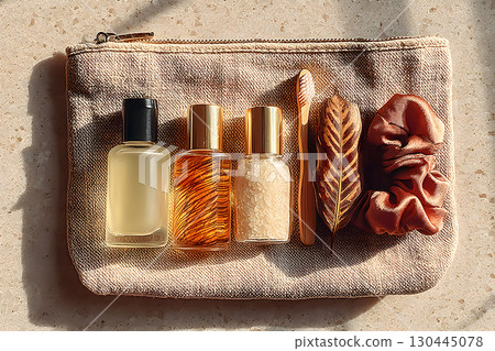 Eco-Friendly Travel Essentials with Natural Toiletries and Accessories on Textured Pouch Generative AI 130445078