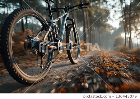 Autumn Mountain Biking Adventure on Forest Trail Generative AI 130445079