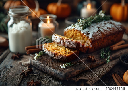 Rustic Autumn Pumpkin Loaf with Candles and Seasonal Decor Generative AI 130445136