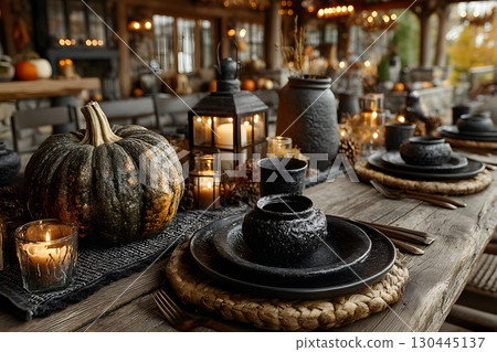 Rustic Autumn Table Setting with Pumpkins and Candles for Thanksgiving Dinner Generative AI 130445137