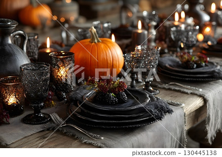 Elegant Halloween Table Setting with Pumpkins and Candlelight for Festive Gatherings Generative AI 130445138