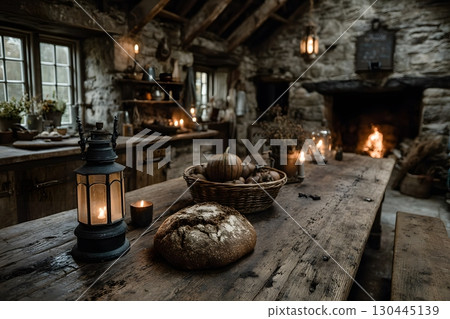Rustic Kitchen Interior with Bread and Lantern for Cozy Autumn Farmhouse Decor Generative AI 130445139