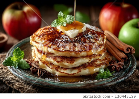Delicious Stack of Fluffy Pancakes with Butter, Syrup, and Apples Ideal for Breakfast Themes Generative AI 130445159