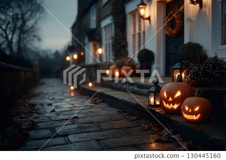 Haunted Halloween Night with Glowing Jack-o'-Lanterns on a Rustic Pathway Generative AI 130445160