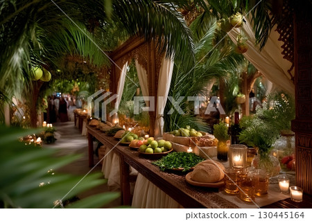 Tropical Evening Feast Under Palm Leaves with Candlelit Ambiance for Celebrations and Gatherings Generative AI 130445164