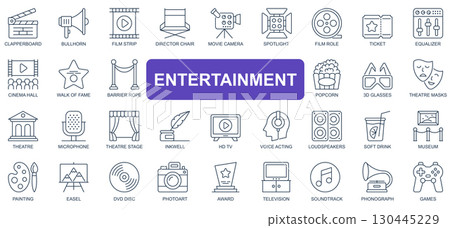 Entertainment concept simple line icons set. Pack outline pictograms of clapperboard, bullhorn, film, movie, camera, ticket, cinema hall and other. Symbols for website and mobile app design. 130445229