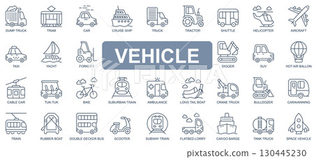 Vehicle concept simple line icons set. Pack outline pictograms of truck, tram, car, cruise, ship, tractor, helicopter, aircraft, forklift and other. Symbols for website and mobile app design. 130445230