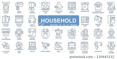 Household concept simple line icons set. Pack outline pictograms of kitchen, scales, mixer, blender, electric hob, dishwasher, table, kettle and other. Symbols for website and mobile app design. 130445232