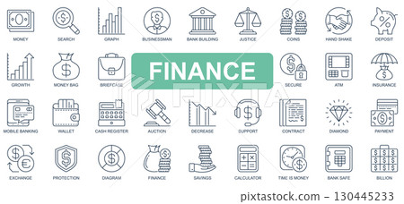 Finance concept simple line icons set. Pack outline pictograms of deposit, growth, briefcase, secure, atm, insurance, banking, wallet, cash and other. Symbols for website and mobile app design. Finance concept simple line icons set. Pack outline pictograms of deposit, growth, briefcase, secure, atm, insurance, banking, wallet, cash and other. Symbols for website and mobile app design. 130445233