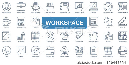 Workspace concept simple line icons set. Pack outline pictograms of businessman, briefcase, office, email, book, laptop, coffee, calculator and other. Symbols for website and mobile app design. 130445234