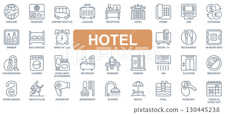 Hotel concept simple line icons set. Pack outline pictograms of passport, airport, luggage, reception, exchange, restaurant, housekeeping and other. Symbols for website and mobile app design. 130445238