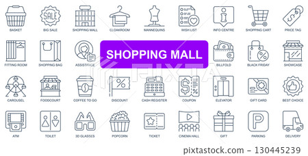 Shopping mall concept simple line icons set. Pack outline pictograms of basket, big sale, cloakroom, wish list, cart, price tag, showcase and other. Symbols for website and mobile app design. Shopping mall concept simple line icons set. Pack outline pictograms of basket, big sale, cloakroom, wish list, cart, price tag, showcase and other. Symbols for website and mobile app design. 130445239