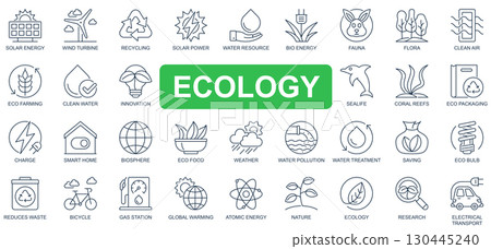 Ecology concept simple line icons set. Pack outline pictograms of solar energy, wind turbine, recycling, water resource, bio, fauna, flora and other. Symbols for website and mobile app design. Ecology concept simple line icons set. Pack outline pictograms of solar energy, wind turbine, recycling, water resource, bio, fauna, flora and other. Symbols for website and mobile app design. 130445240