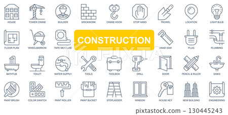 Construction concept simple line icons set. Pack outline pictograms of house, tower crane, builder, location, supply, tools, wheelbarrow and other. Symbols for website and mobile app design. Construction concept simple line icons set. Pack outline pictograms of house, tower crane, builder, location, supply, tools, wheelbarrow and other. Symbols for website and mobile app design. 130445243