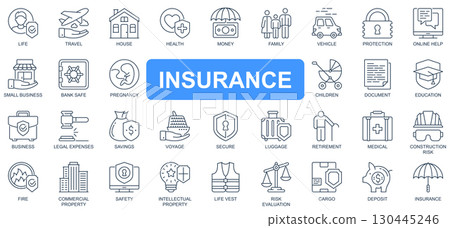Insurance concept simple line icons set. Pack outline pictograms of life, travel, house, health, money, business, protection, online help and other. Symbols for website and mobile app design. 130445246