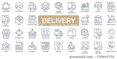 Delivery concept simple line icons set. Pack outline pictograms of e-shopping, email, global logistics, safe packaging, cargo, fast shipping and other. Symbols for website and mobile app design. 130445250