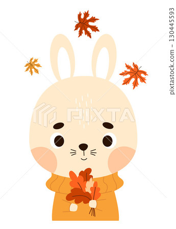Cute Autumn Bunny with Fall Leaves. Adorable Rabbit Animal on white background. Vector illustration. Not AI. Kids Collection 130445593