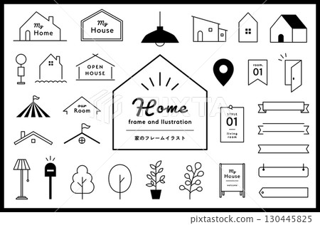 一套房屋框架和插圖、住房、家居、生活方式、絲帶、裝飾、裝飾品 130445825