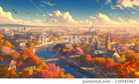 A bird's-eye view of a city with autumn leaves, anime style A bird's-eye view of a city with autumn leaves, anime style 130445987
