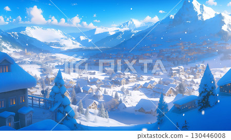 Aerial view of a snow-covered rural town, anime style 130446008