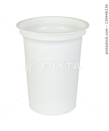 A detailed studio shot of a white plastic food container on a white background 130446136