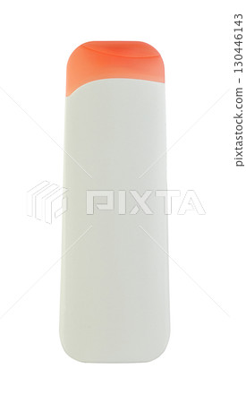 A detailed studio shot of a white plastic cosmetic container with a pink lid on a white background 130446143